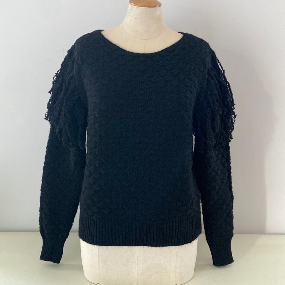 Niccolai long sleeved black sweater w  crew neck and fringe on sleeves. Med. NWT